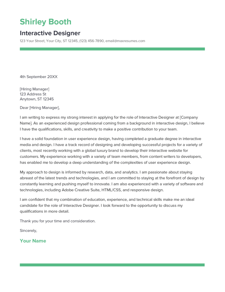 Best Interactive Designer Cover Letter Example for 2023