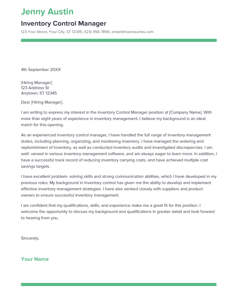 Best Inventory Control Manager Cover Letter Example For 2023   Inventory Control Manager Cover Letter Sample 791x1024 