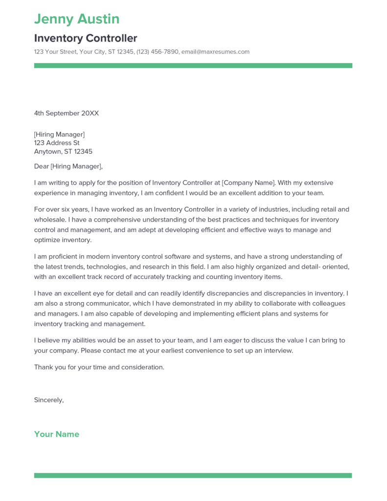 Best Inventory Controller Cover Letter Example for 2023