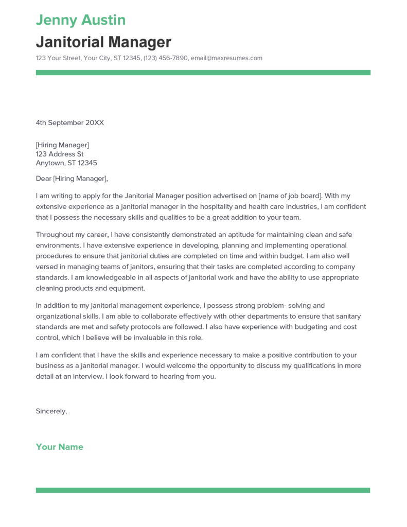 Best Janitorial Manager Cover Letter Example For 2023   Janitorial Manager Cover Letter Sample 791x1024 