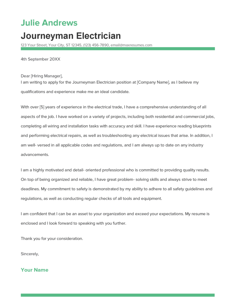 Best Journeyman Electrician Cover Letter Example for 2023