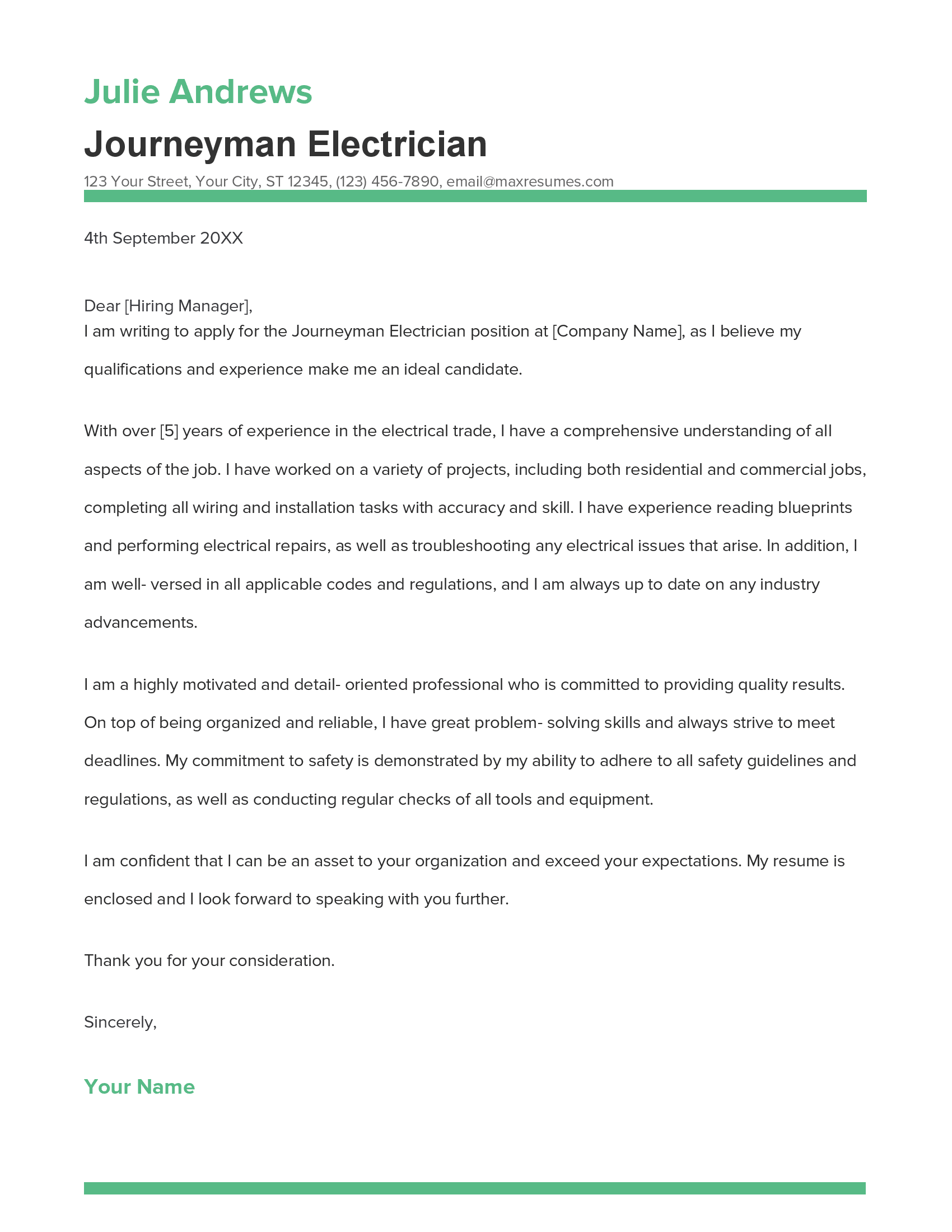 Journeyman Electrician Cover Letter Example