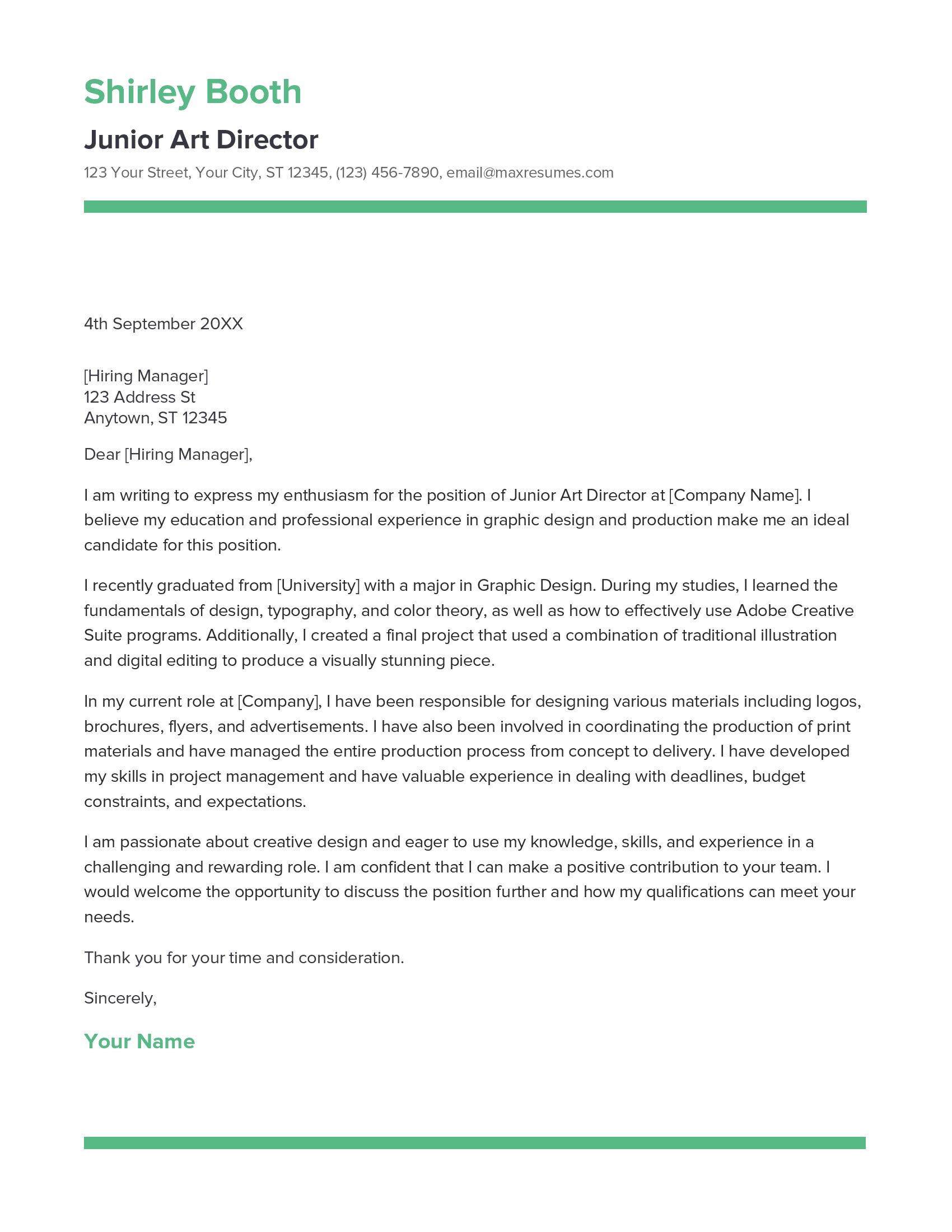 Junior Art Director Cover Letter Example