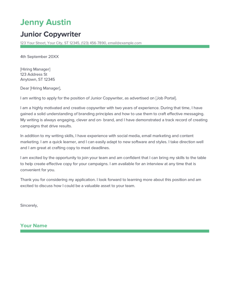 Best Junior Copywriter Cover Letter Example For 2023   Junior Copywriter Cover Letter 791x1024 