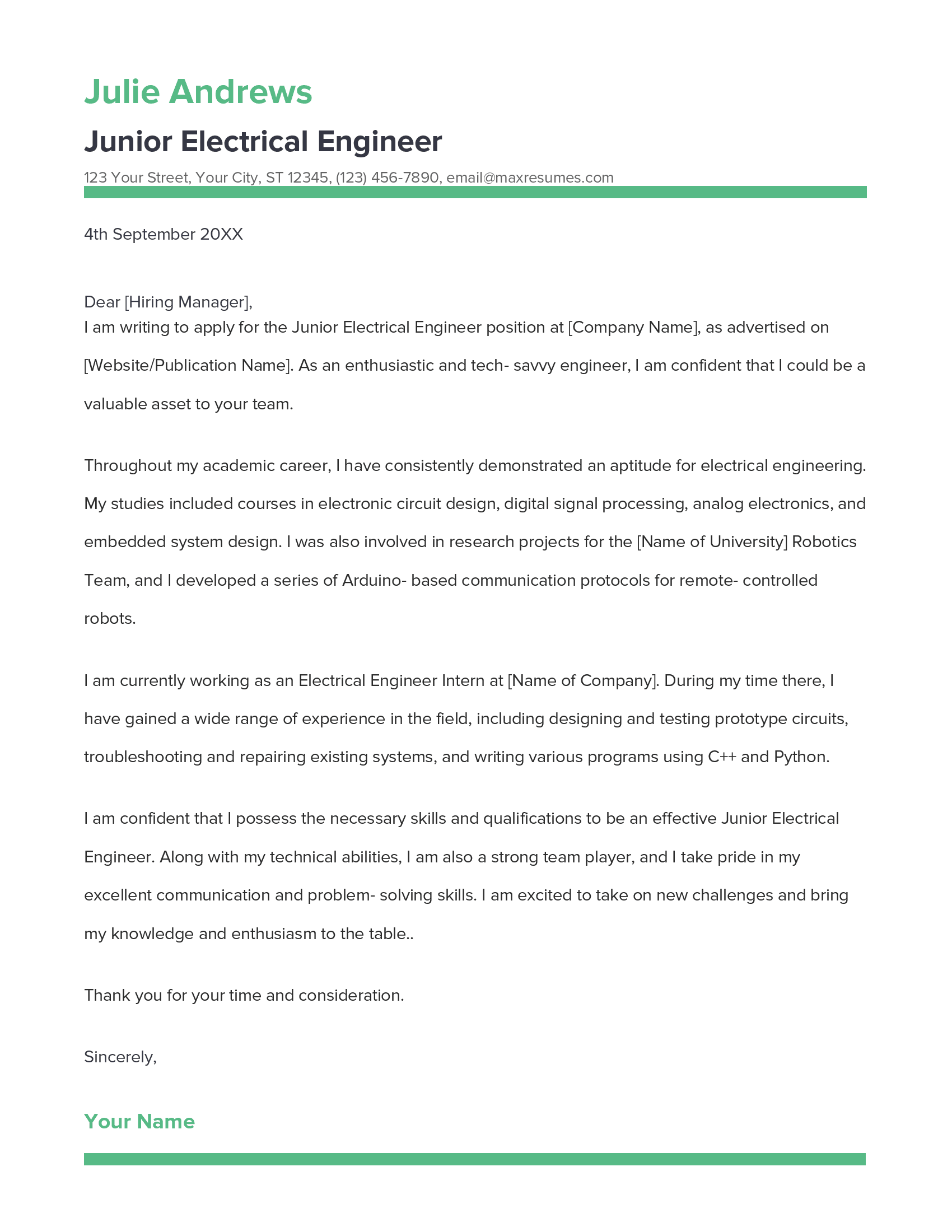 Junior Electrical Engineer Cover Letter Example