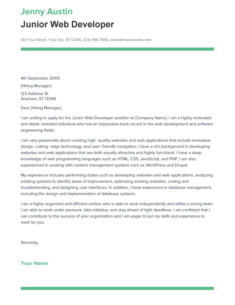 Best Junior Web Developer Cover Letter Example for 2023