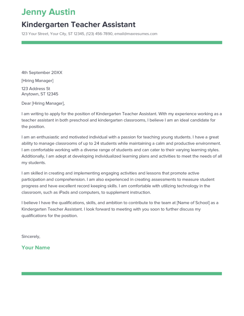 Best Kindergarten Teacher Assistant Cover Letter Example for 2023