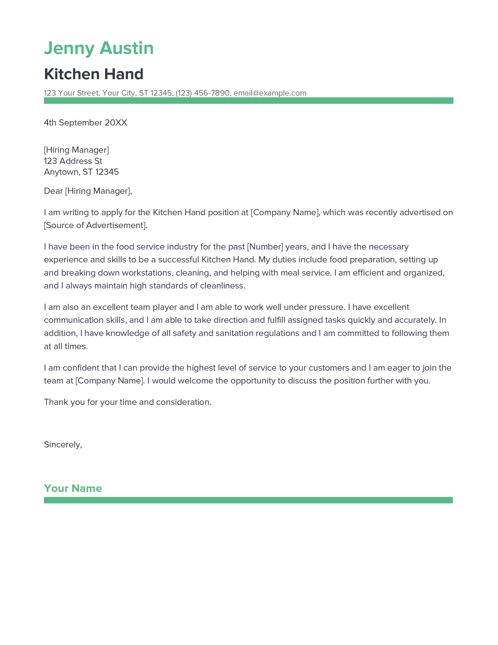 kitchen hand cover letter no experience