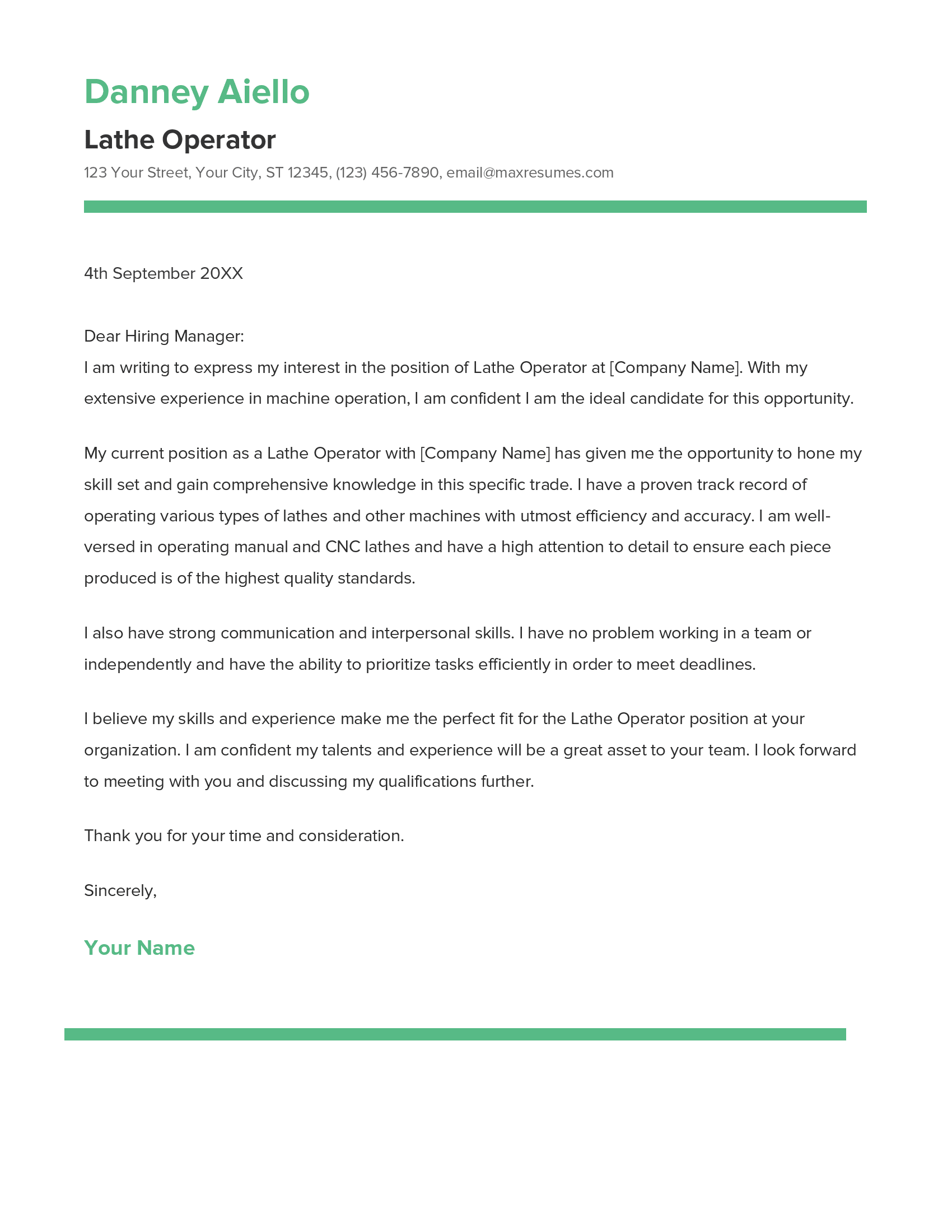 Lathe Operator Cover Letter Example