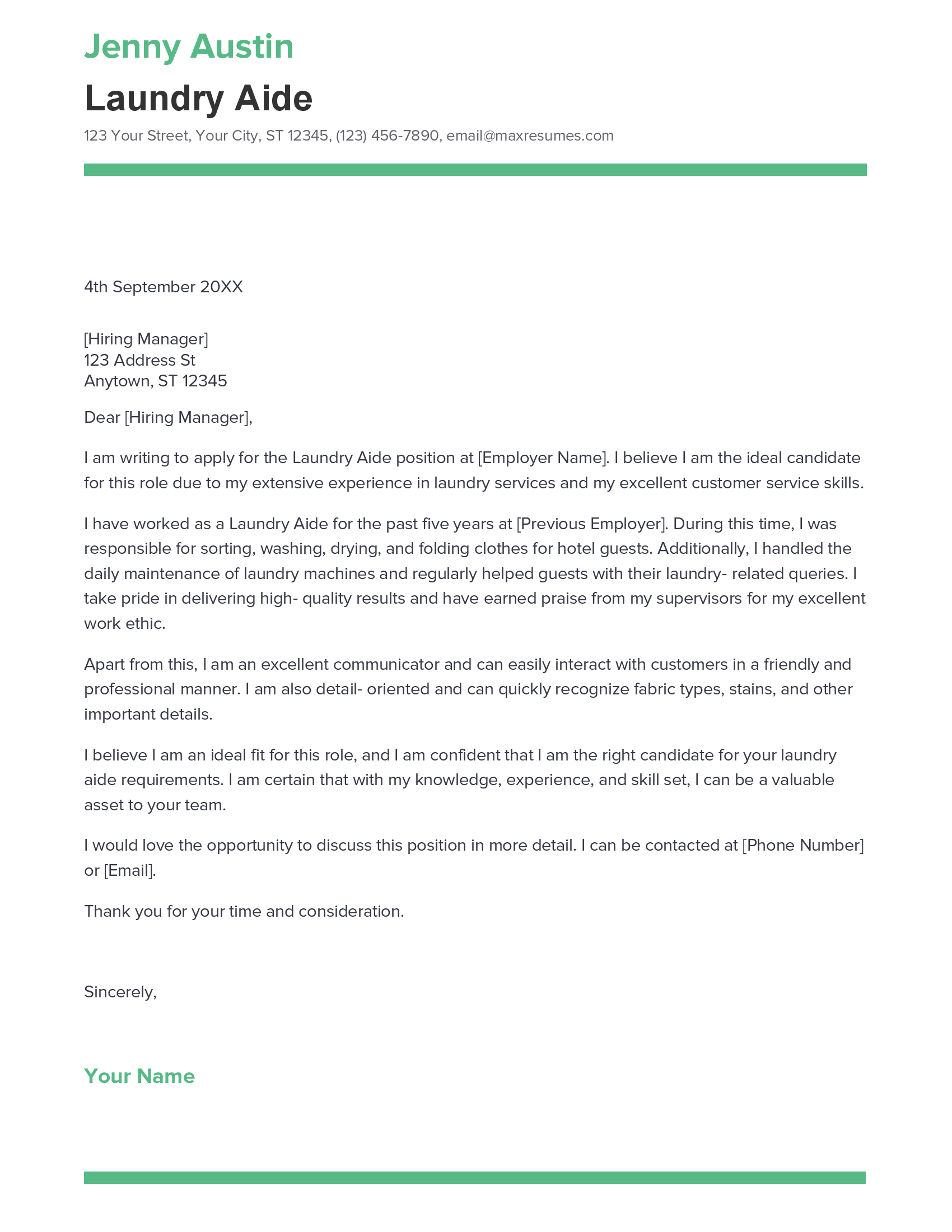 cover letter for laundry attendant with no experience