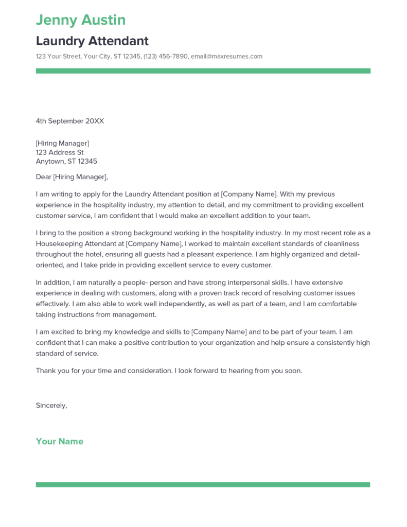 Best Laundry Attendant Cover Letter Example for 2023
