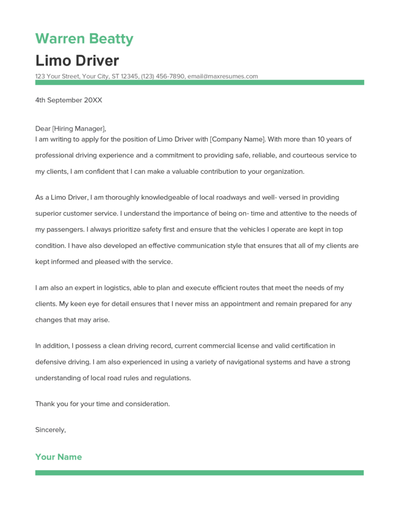 Best Limo Driver Cover Letter Example for 2023