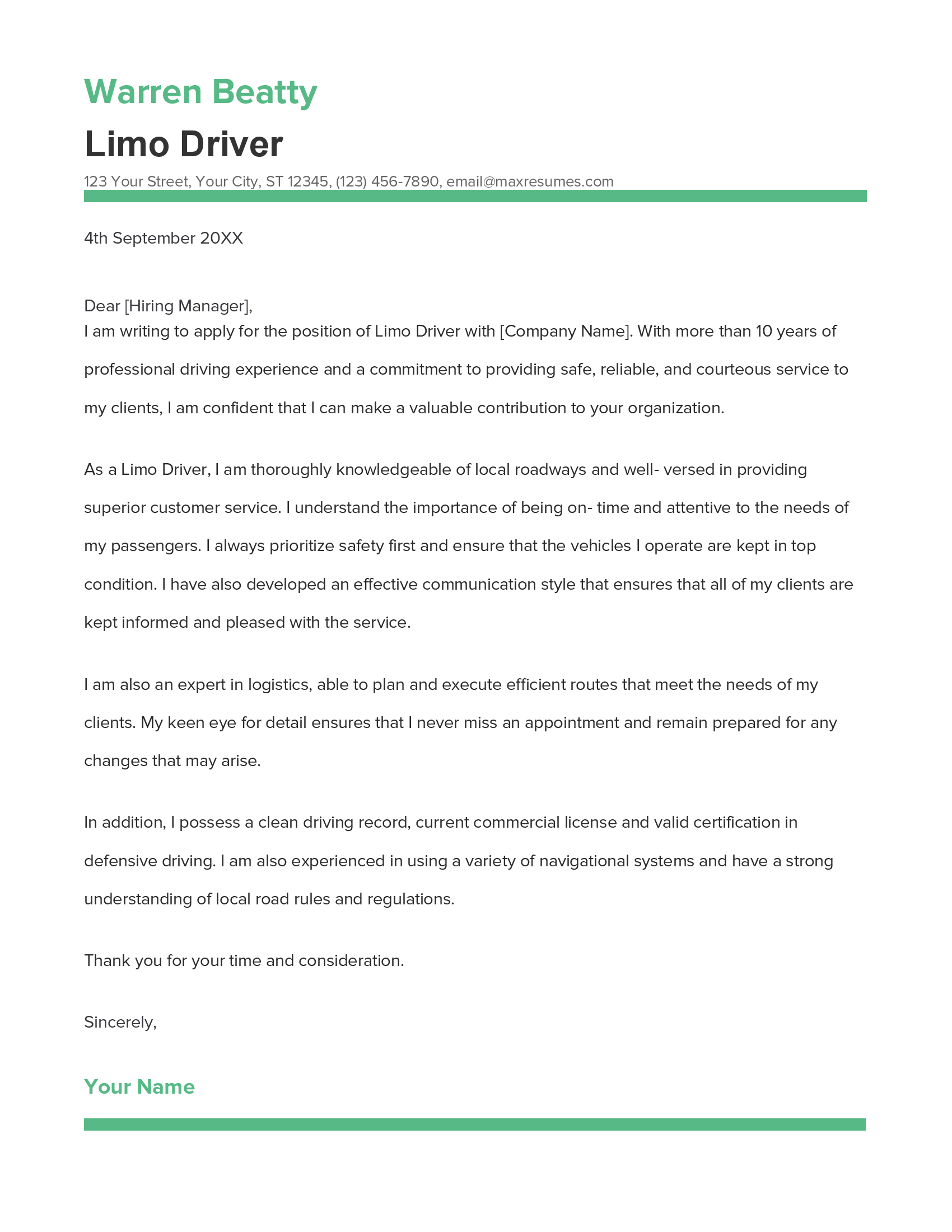 Limo Driver Cover Letter Example