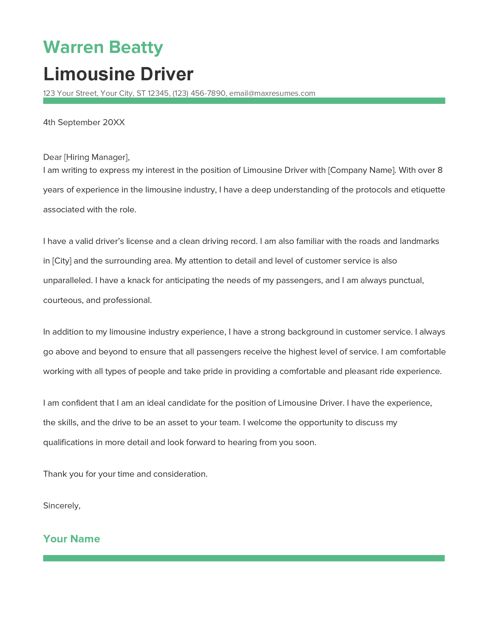 Limousine Driver Cover Letter Example