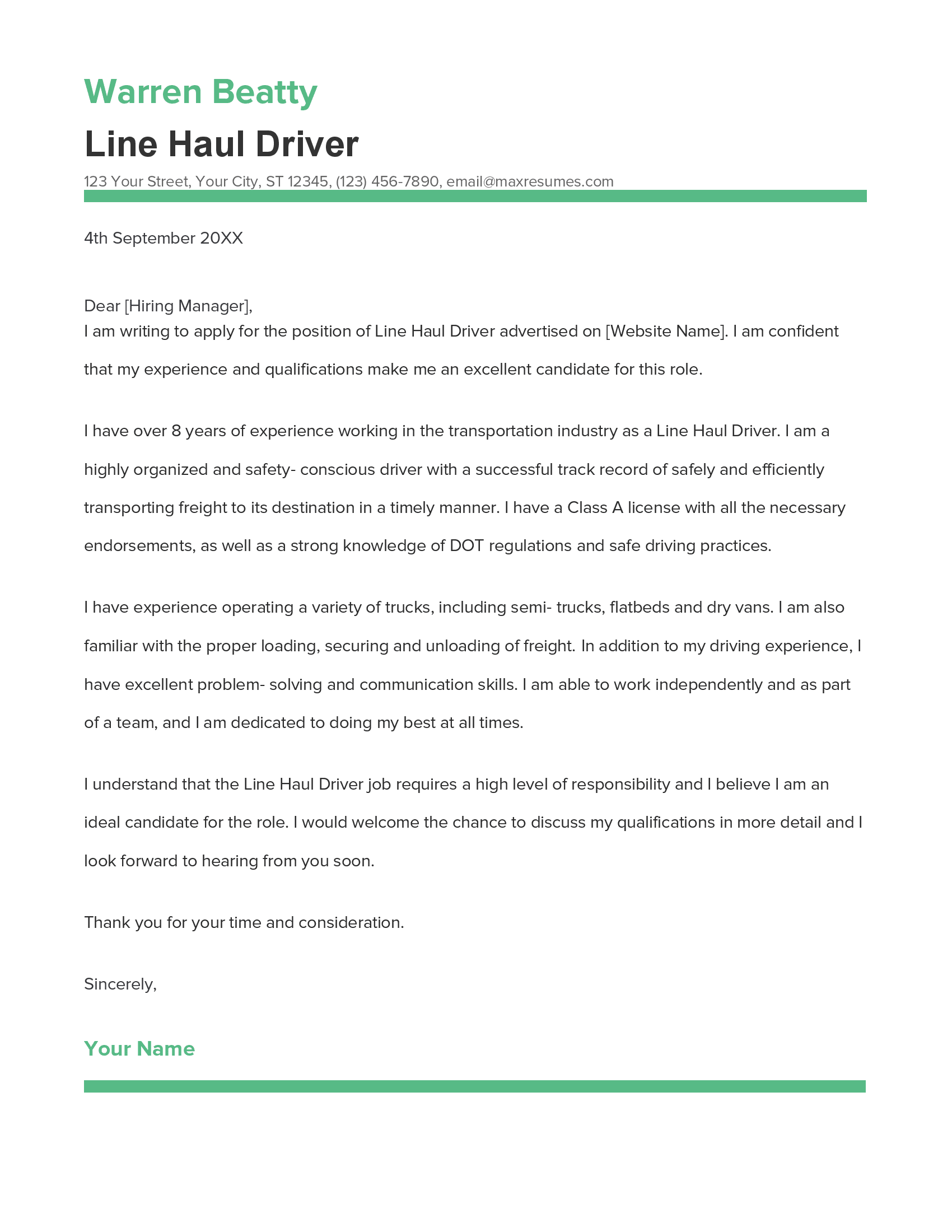 Line Haul Driver Cover Letter Example