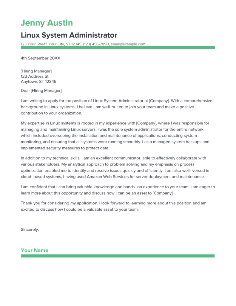 linux administration cover letter