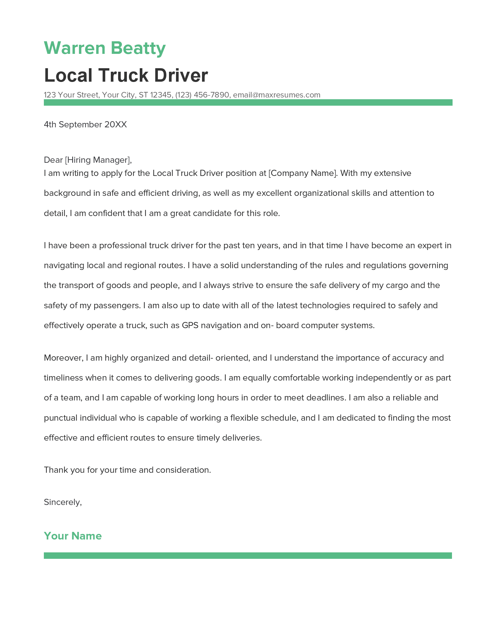 Local Truck Driver Cover Letter Example