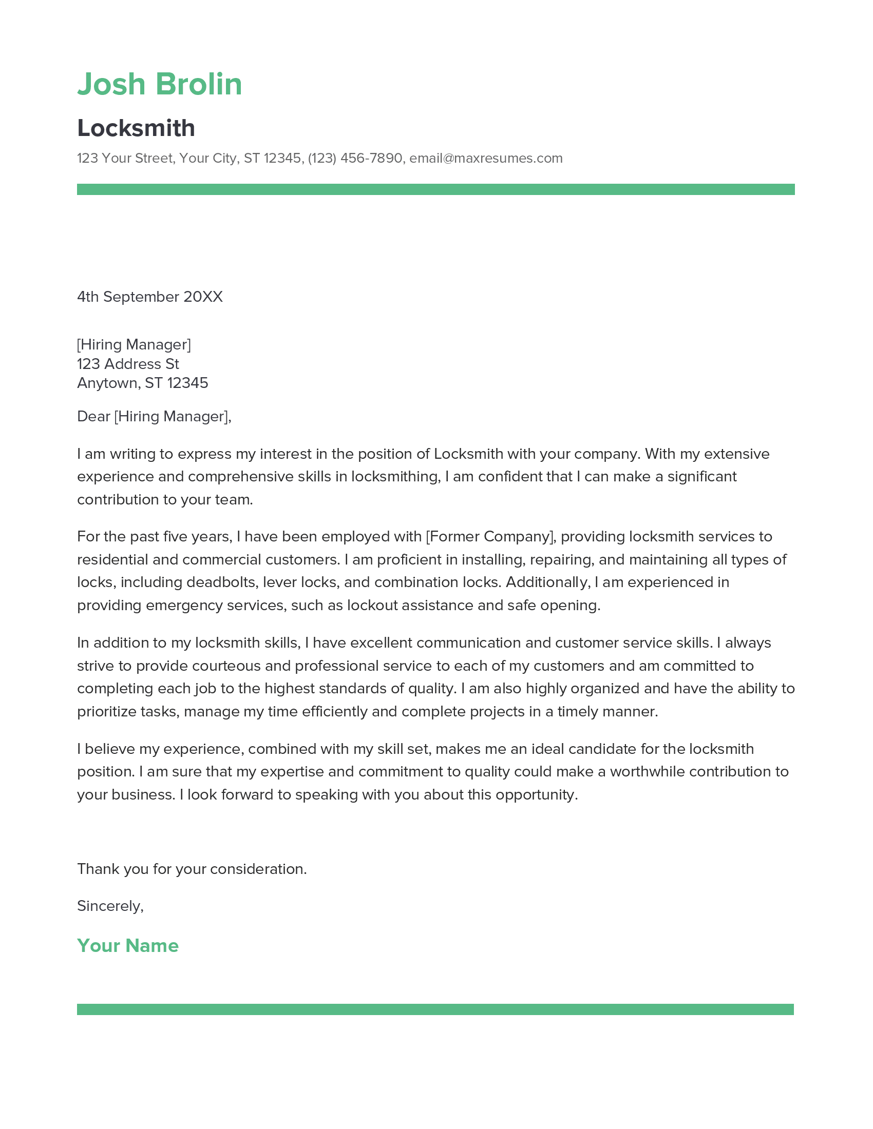 Locksmith Cover Letter Example