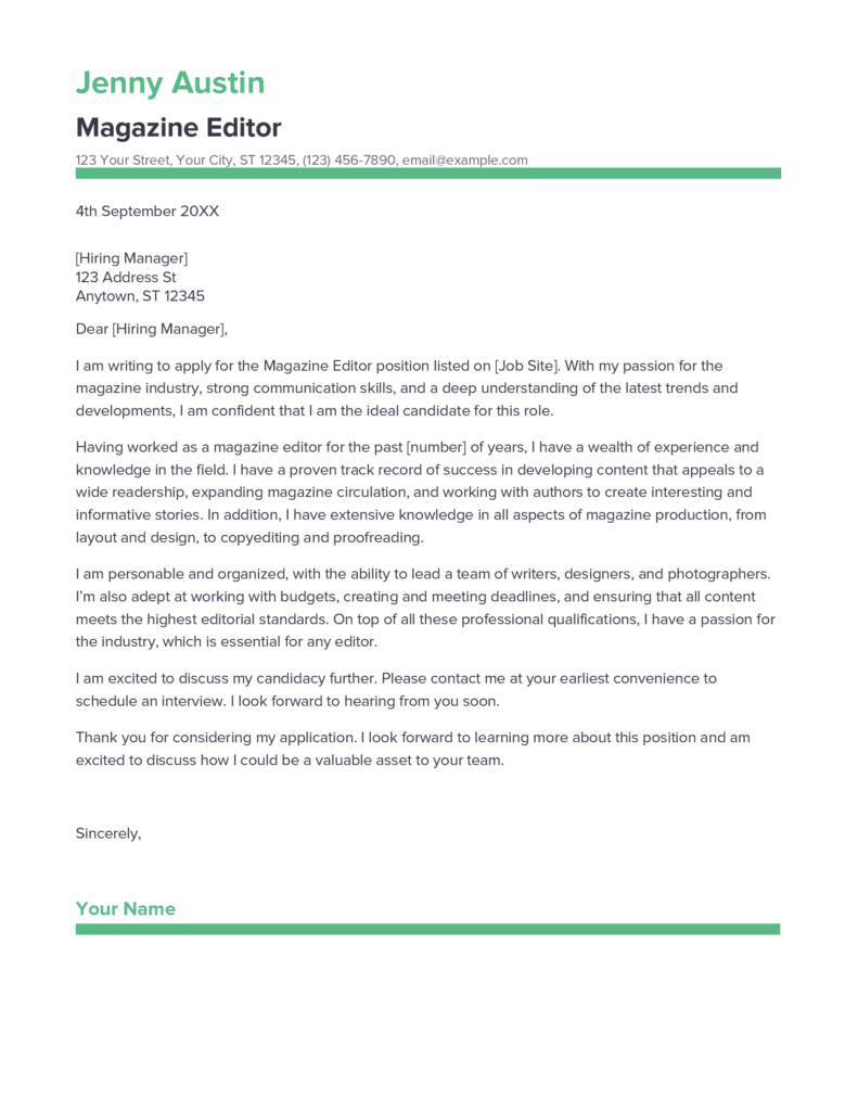 example cover letters for magazine editor