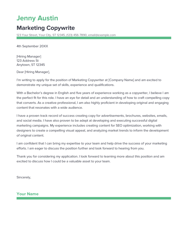 Best Marketing Copywriter Cover Letter Example For 2023   Marketing Copywriter Cover Letter 791x1024 