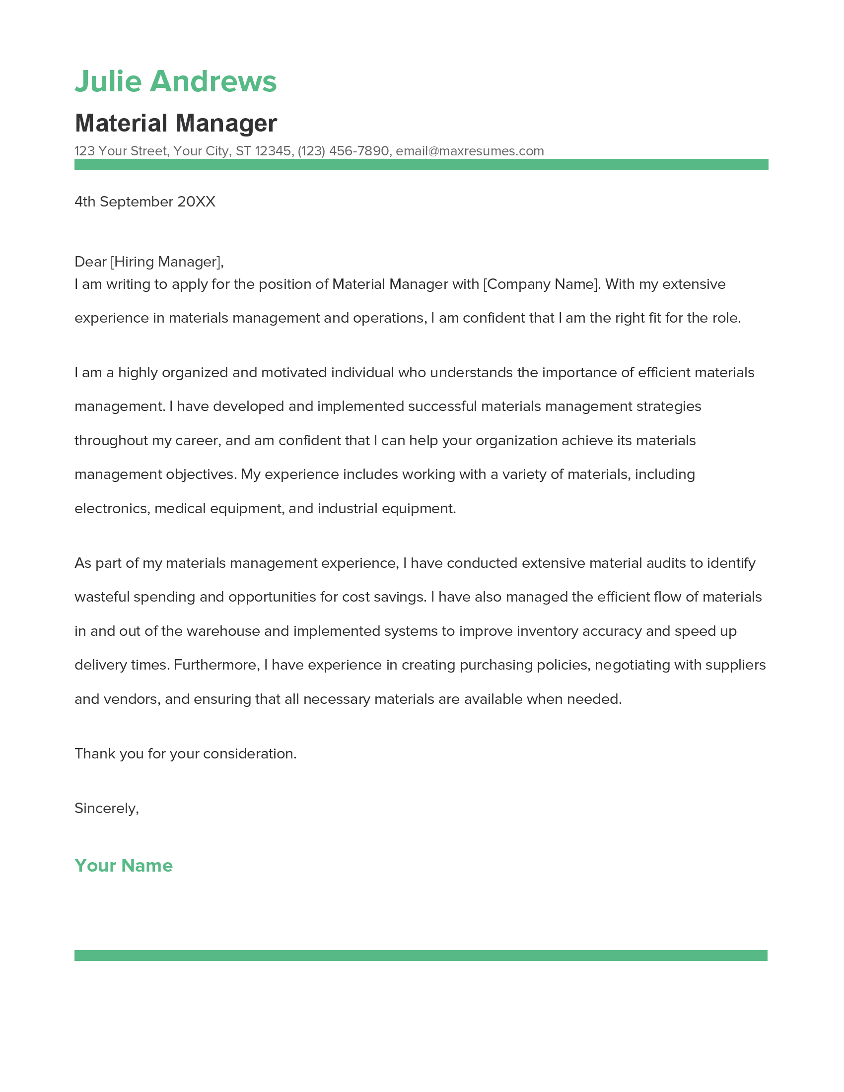 Material Manager Cover Letter Example