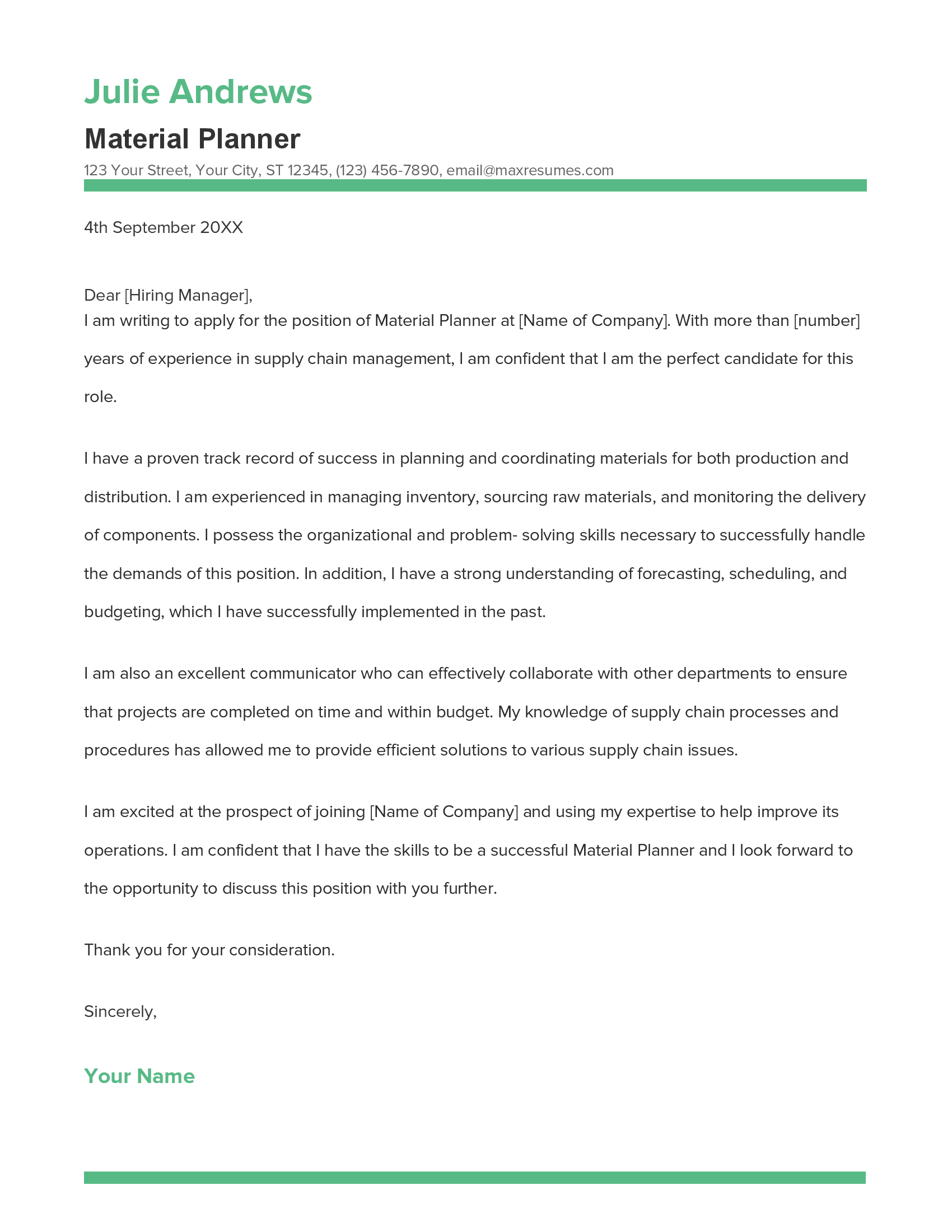 Material Planner Cover Letter Example