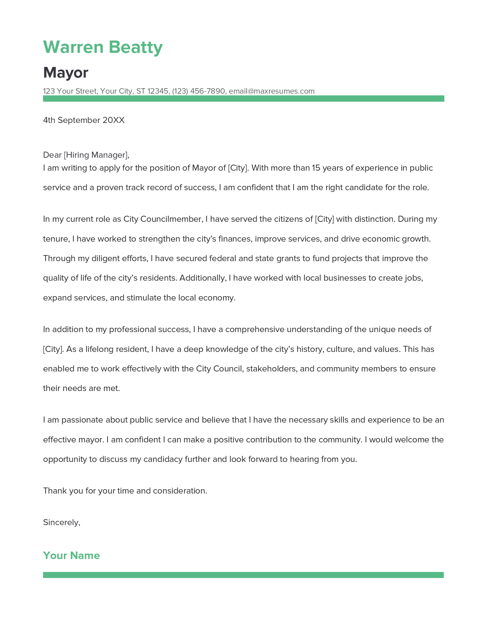 Mayor Cover Letter Example