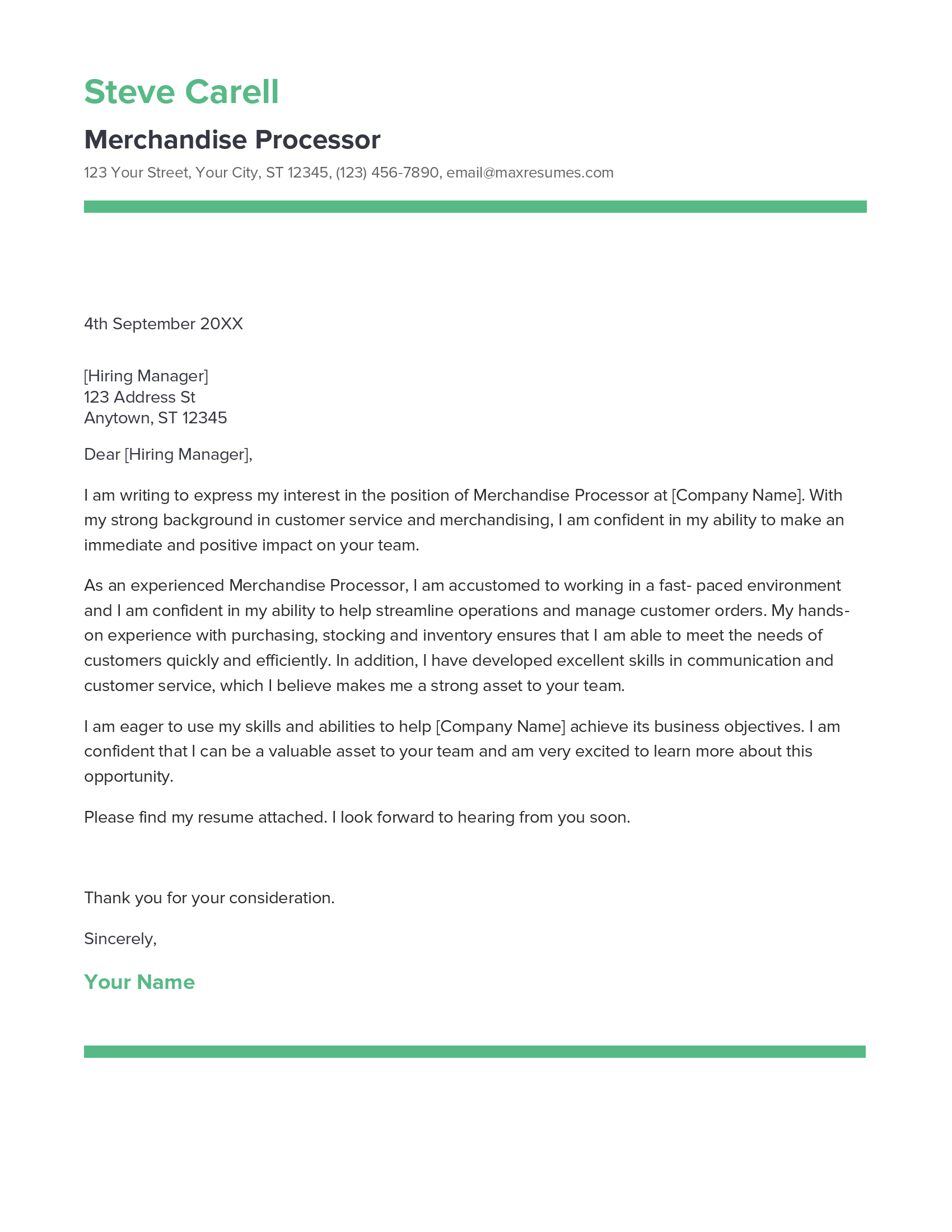 Merchandise Processor Cover Letter Example