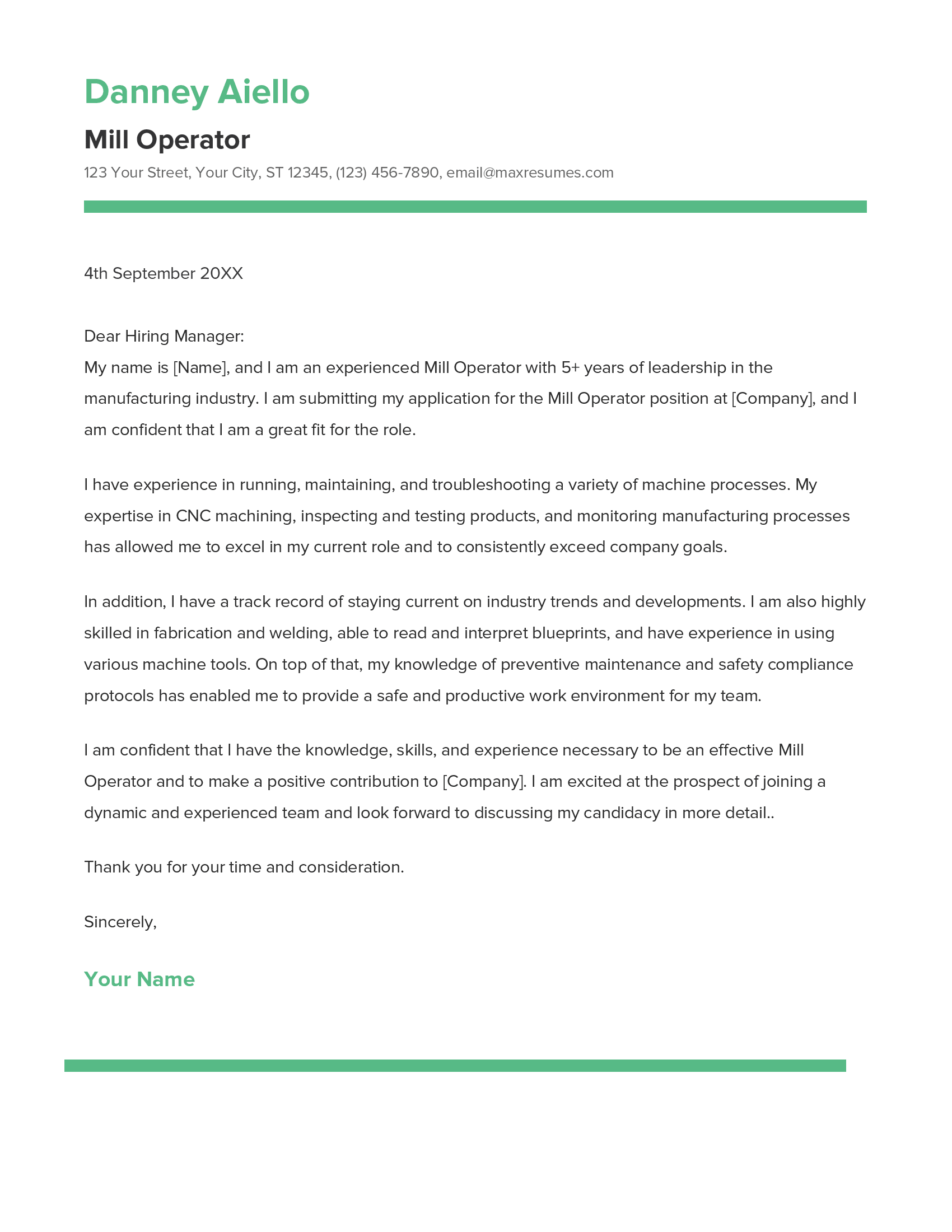 Mill Operator Cover Letter Example