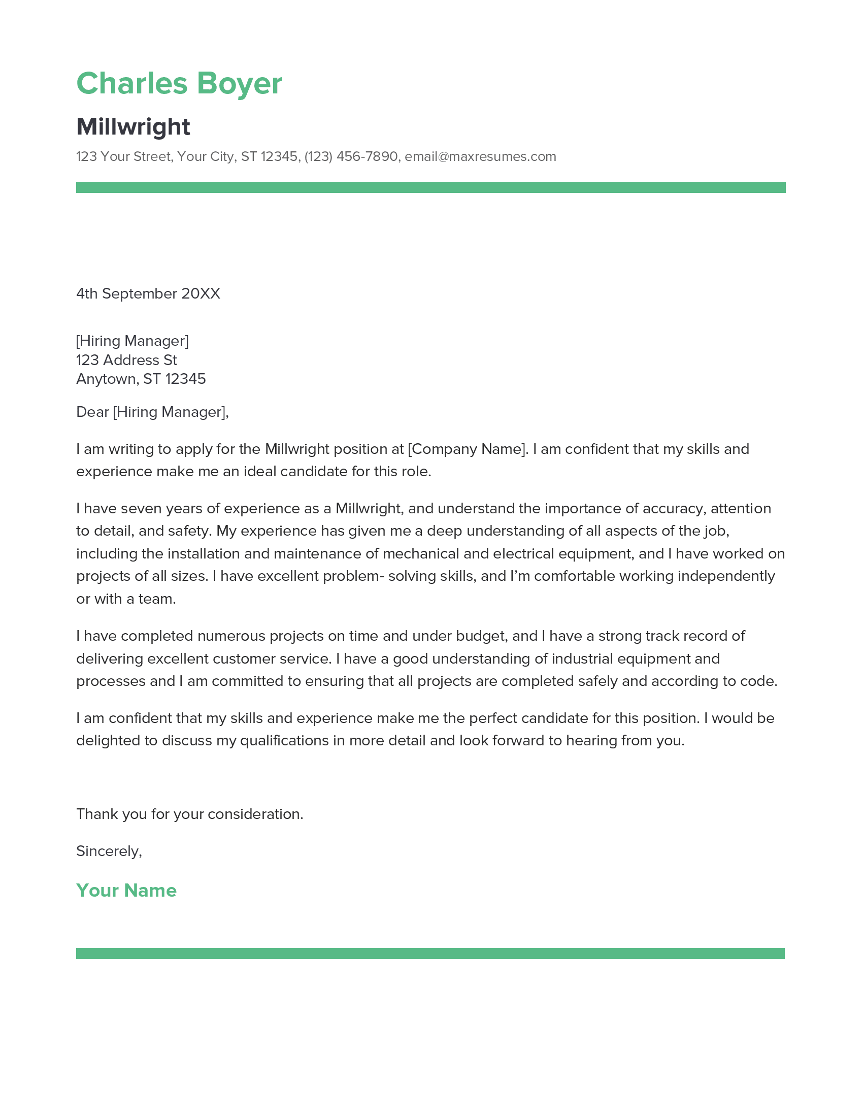 Millwright Cover Letter Example