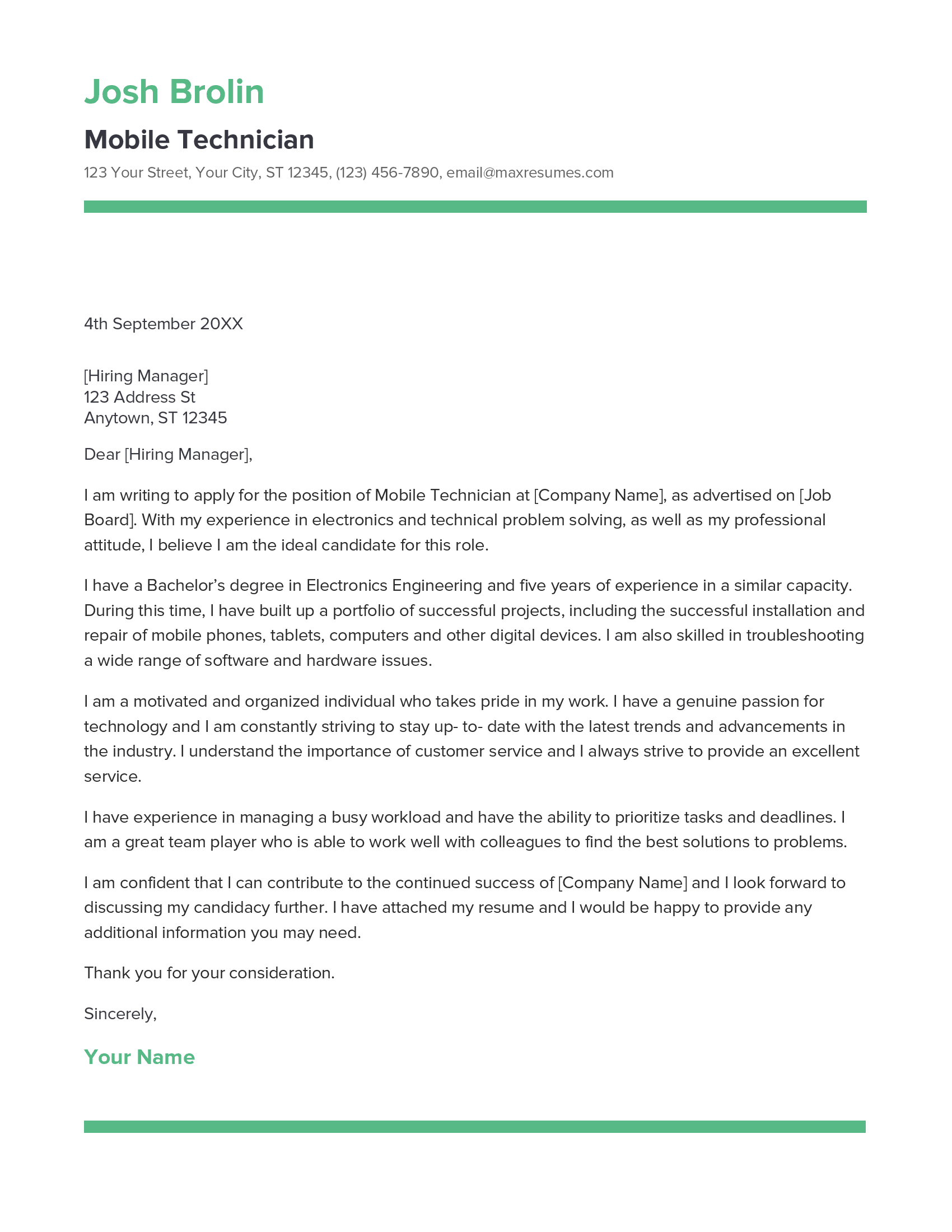 Mobile Technician Cover Letter Example