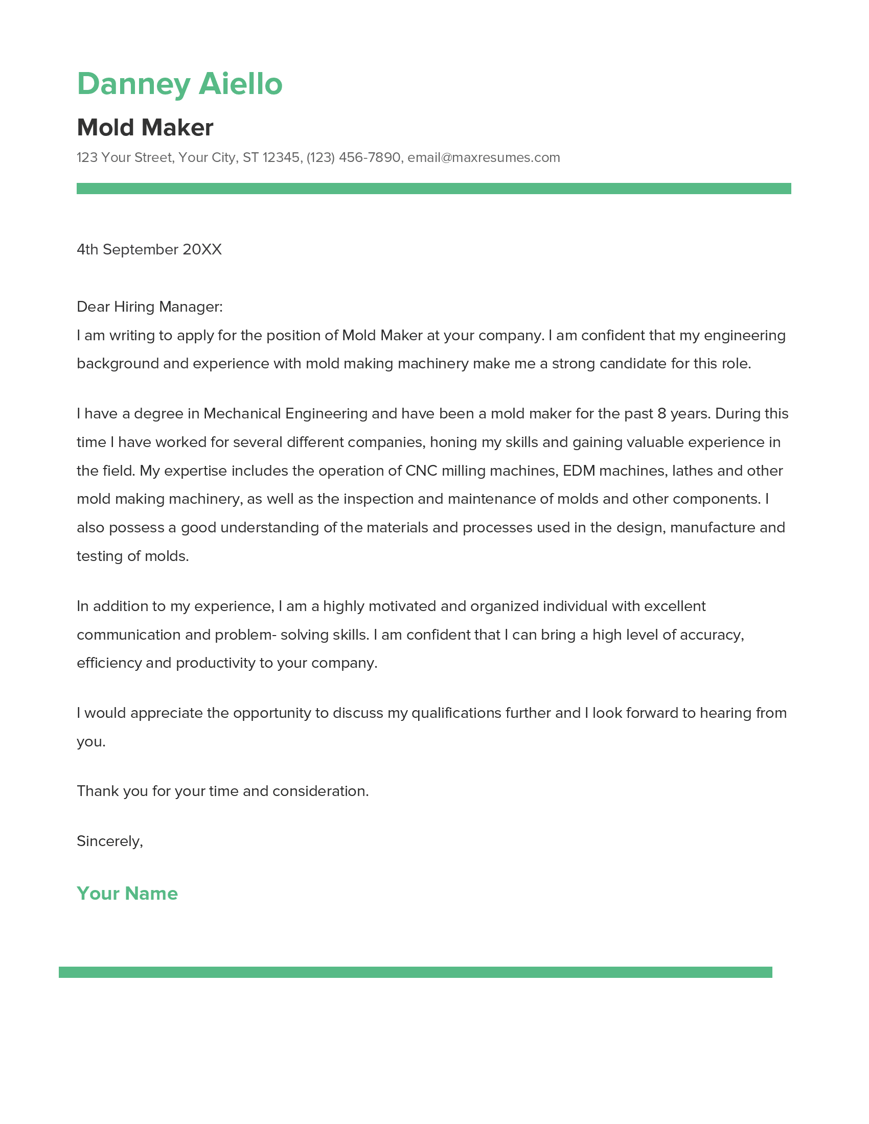 Mold Maker Cover Letter Example