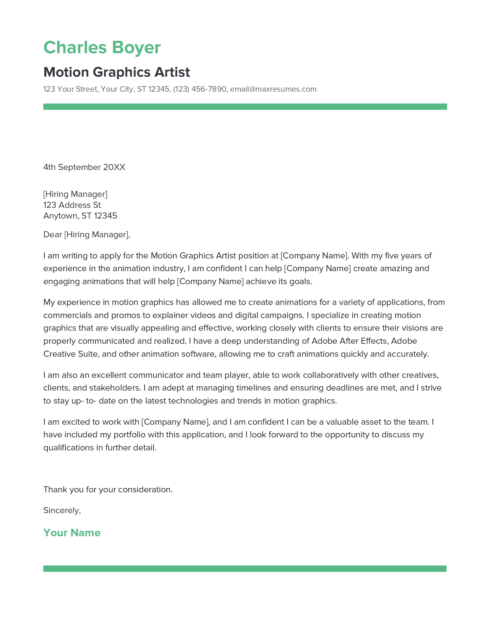 Motion Graphics Artist Cover Letter Example