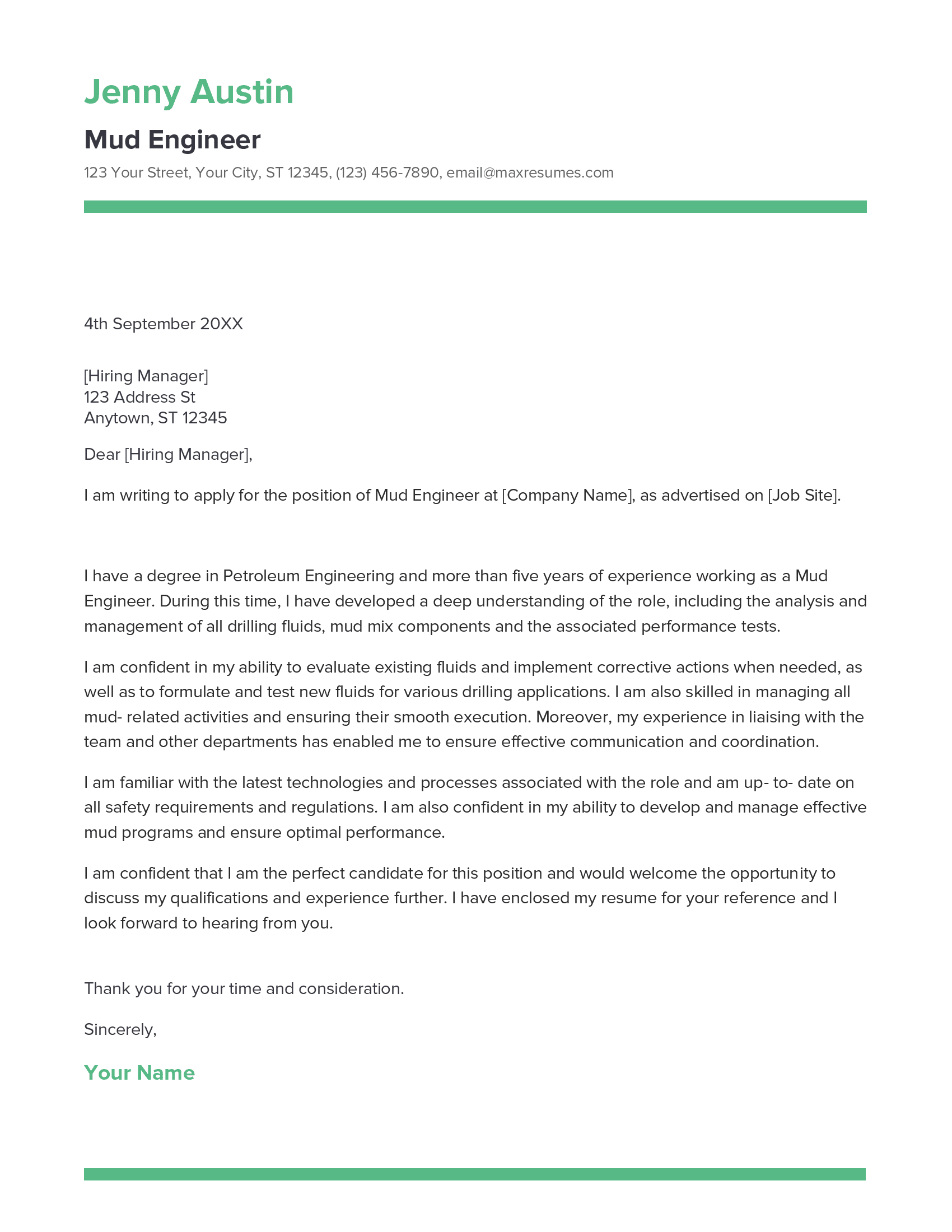 Mud Engineer Cover Letter Example