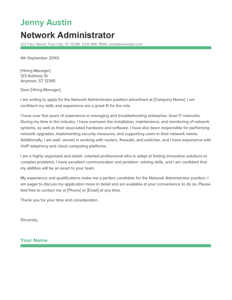 Best Network Administrator Cover Letter Example for 2023