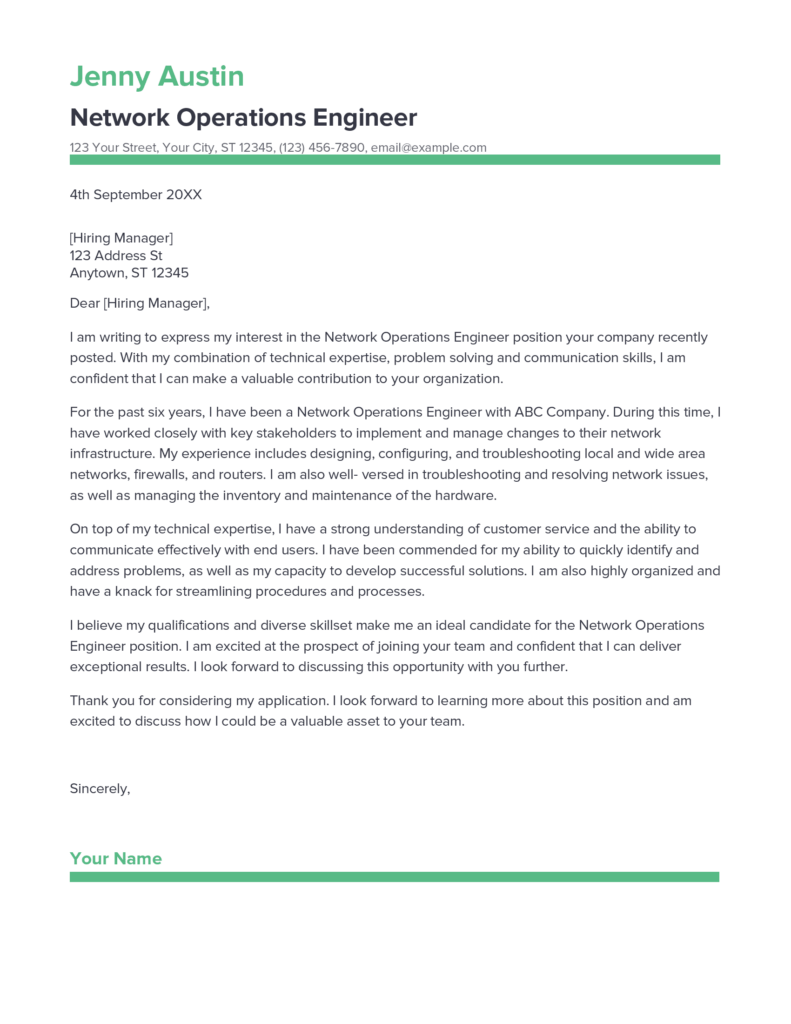 Best Network Operations Engineer Cover Letter Example for 2023