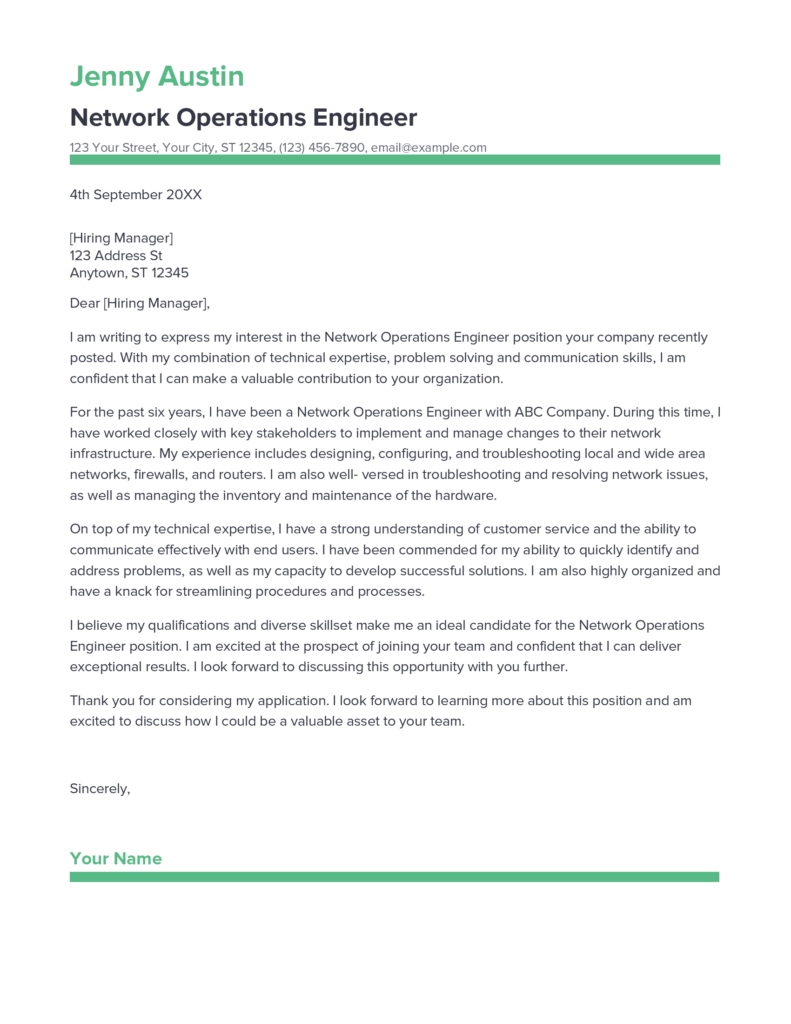 operation engineer cover letter