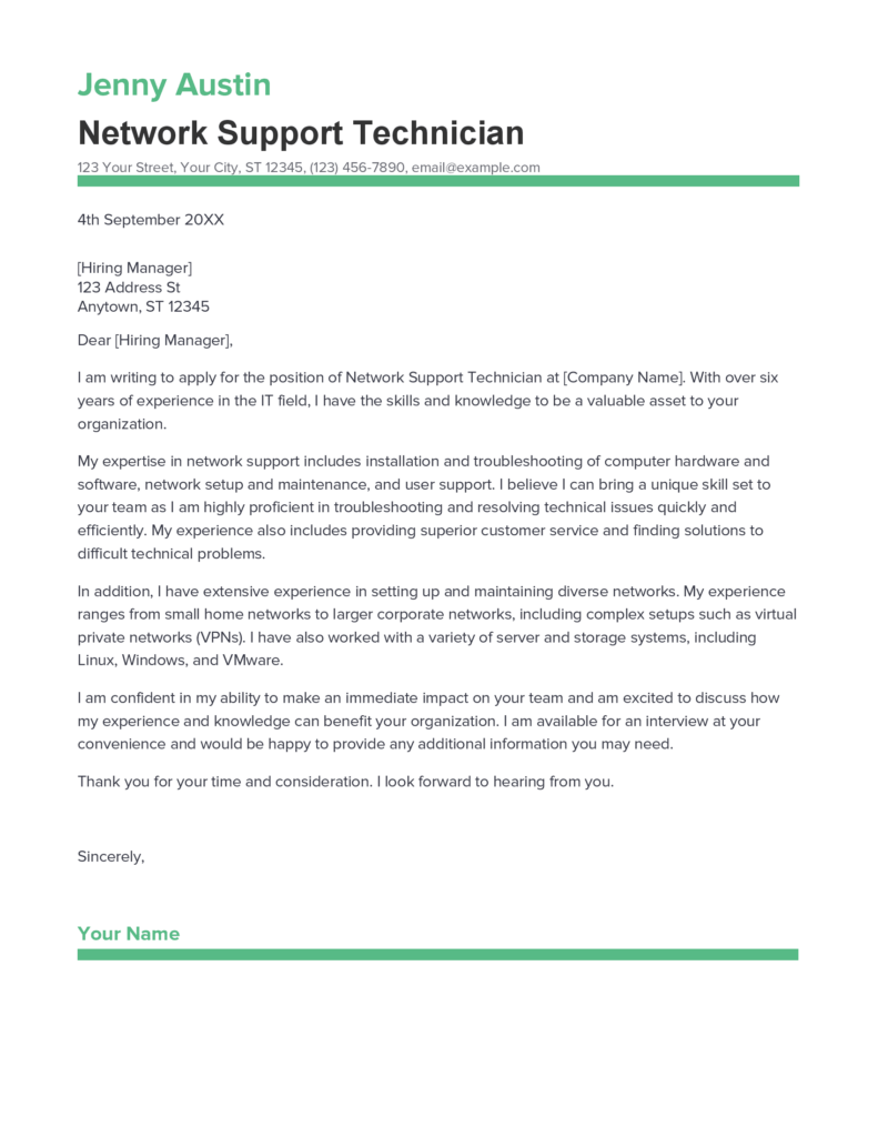 Best Network Support Technician Cover Letter Example for 2023