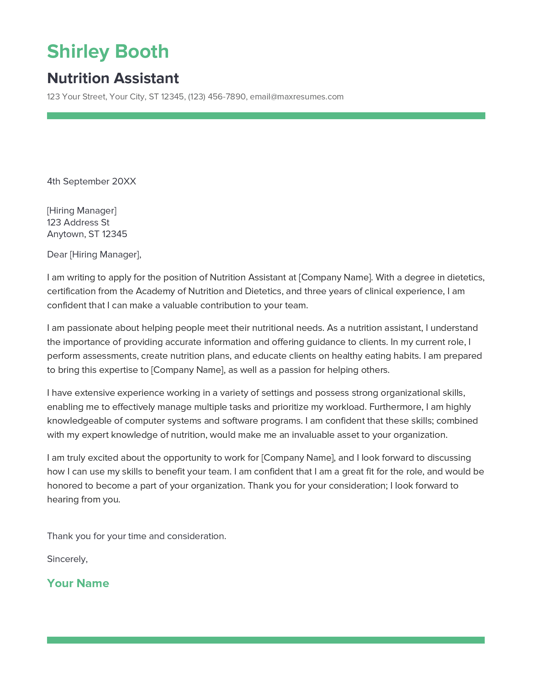 Nutrition Assistant Cover Letter Example