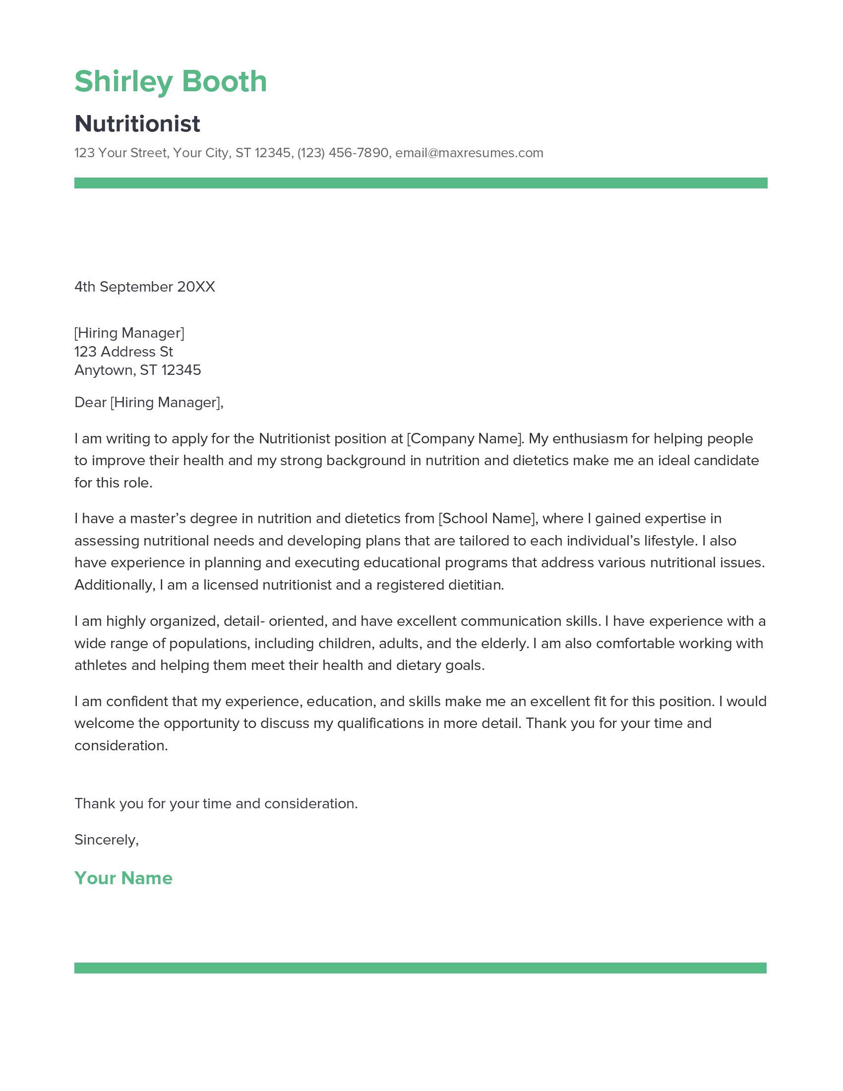 Nutritionist Cover Letter Example