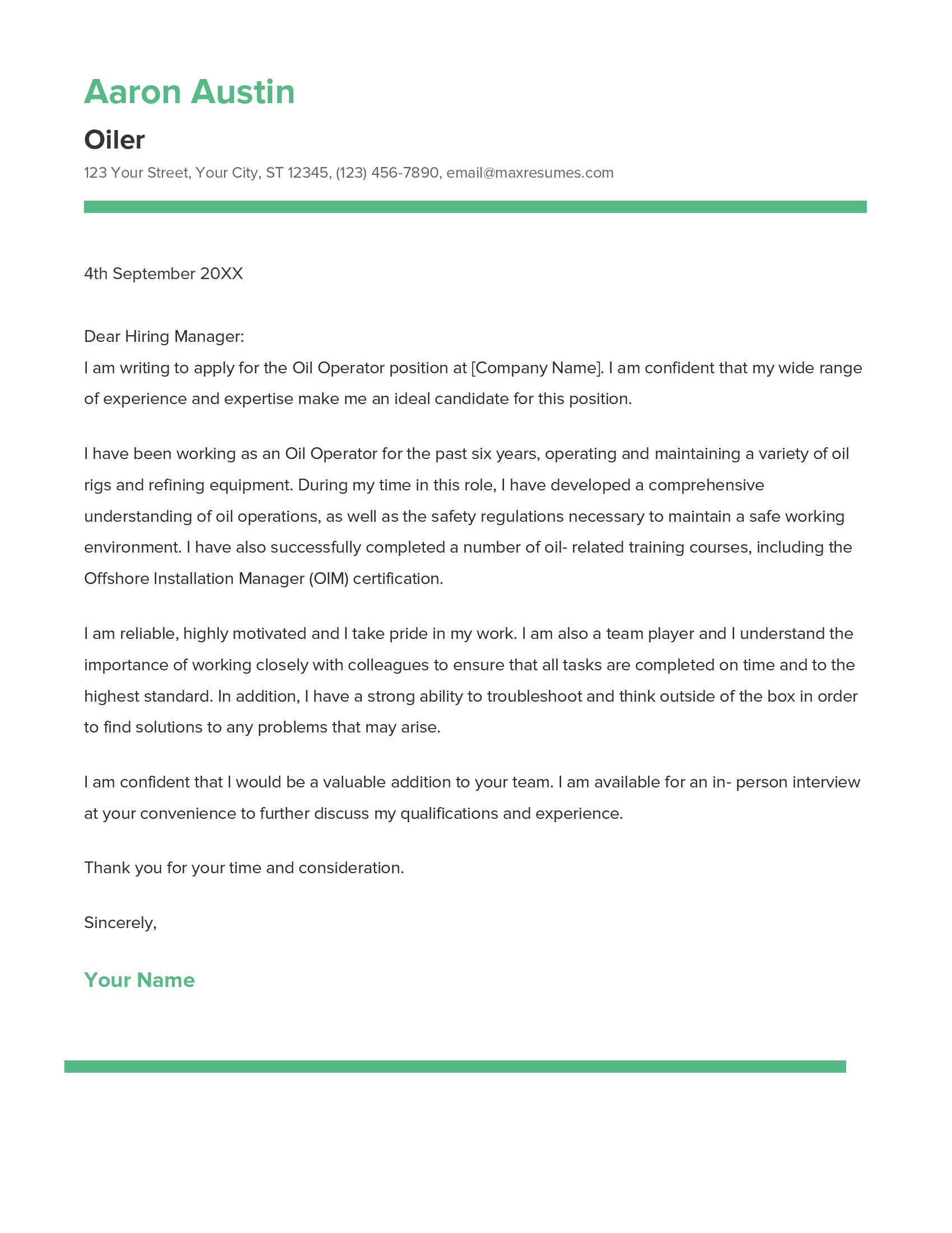 Oiler Cover Letter Example