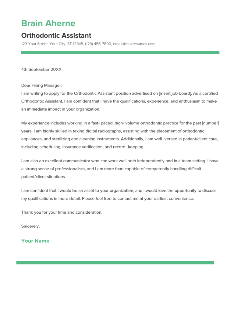 sample cover letter for orthodontic assistant
