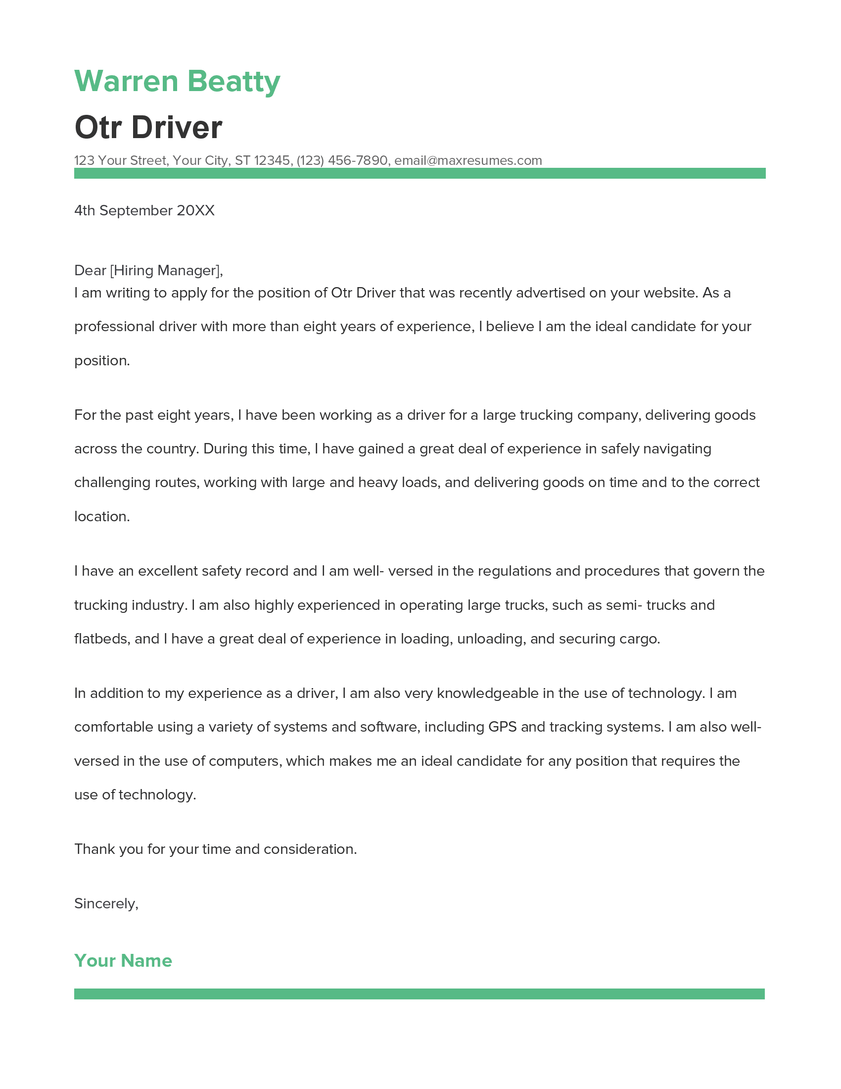 Otr Driver Cover Letter Example
