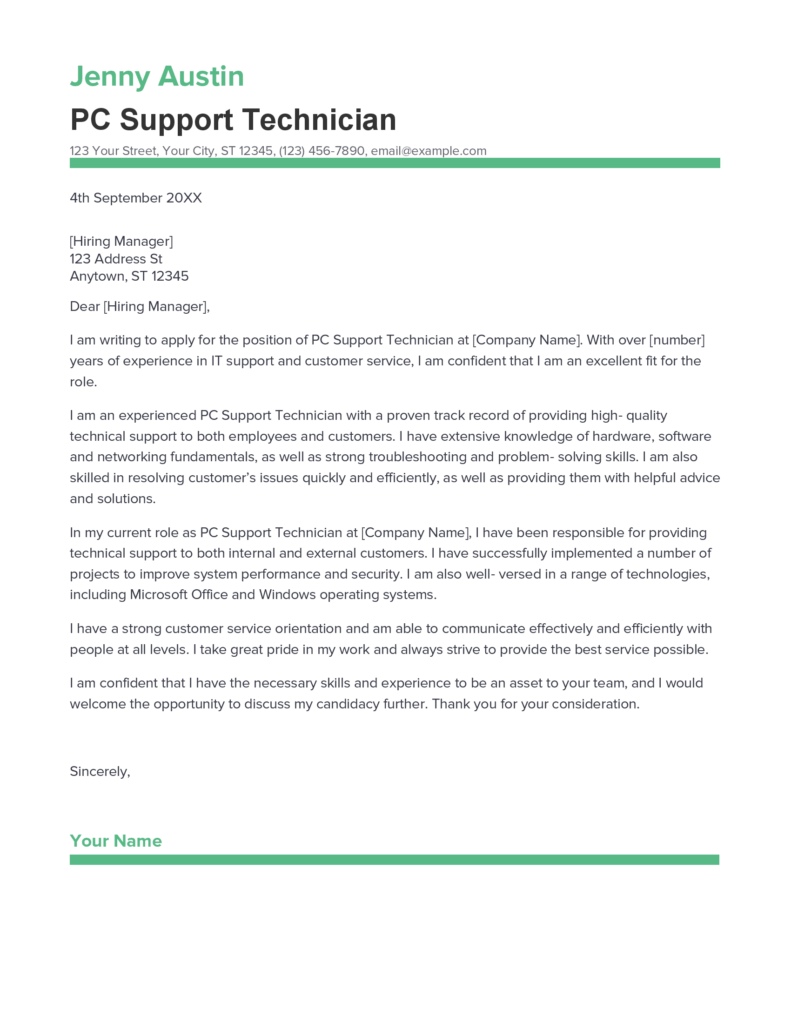 Best PC Support Technician Cover Letter Example for 2023