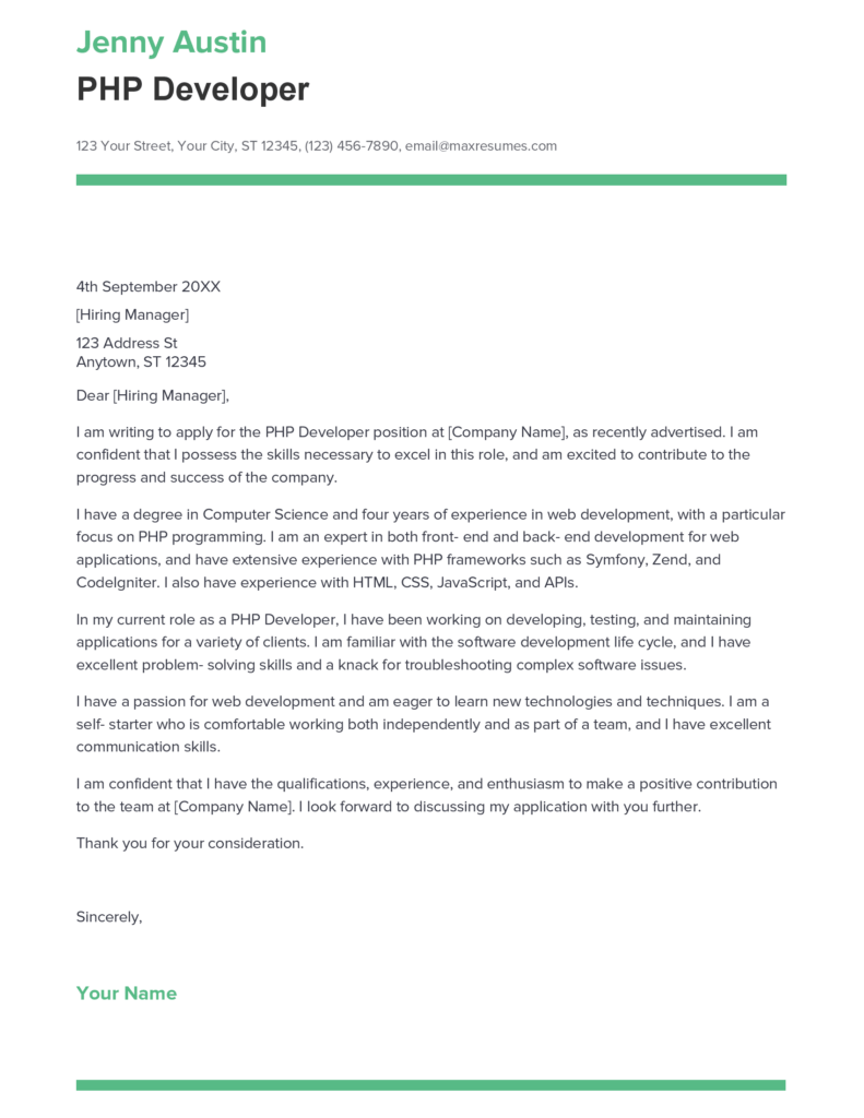 Best PHP Developer Cover Letter Example For 2023   PHP Developer Cover Letter Sample 791x1024 