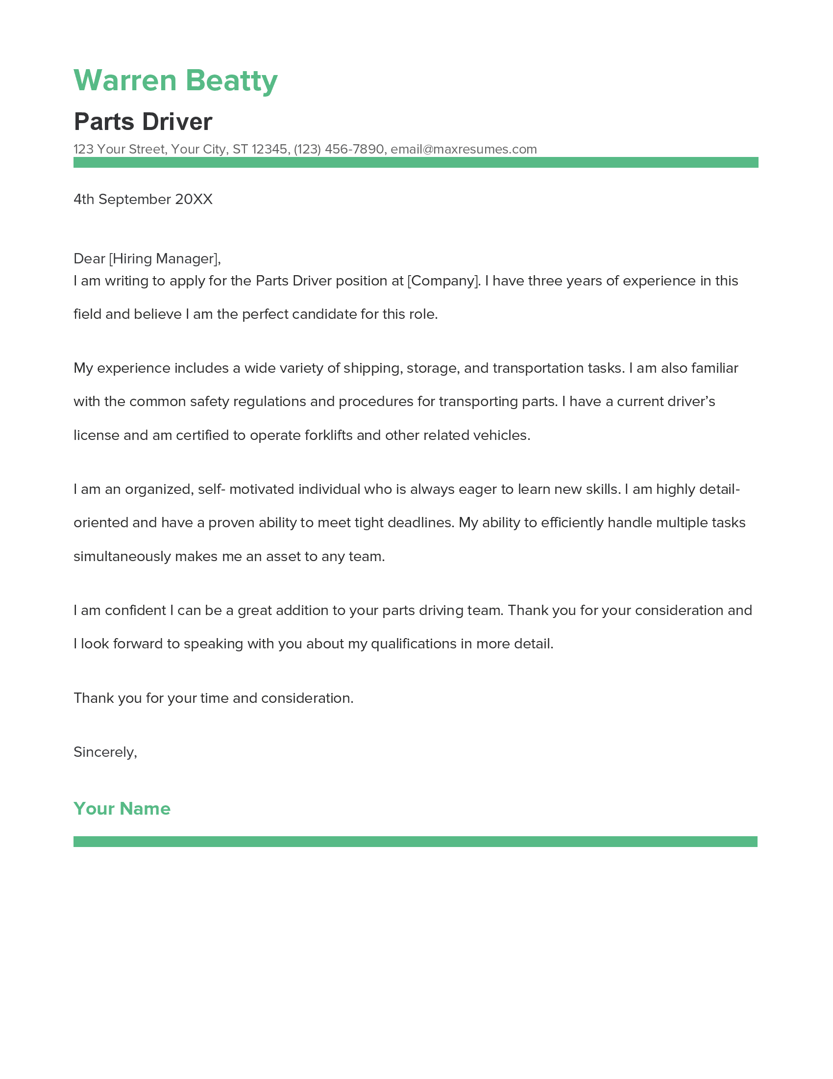 Parts Driver Cover Letter Example