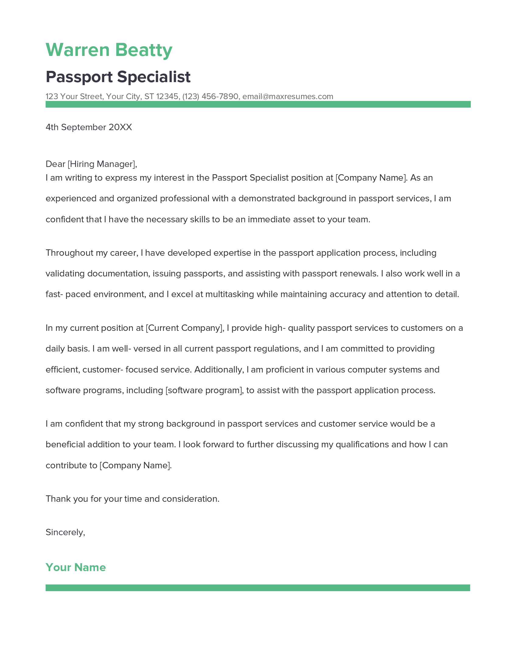 Passport Specialist Cover Letter Example