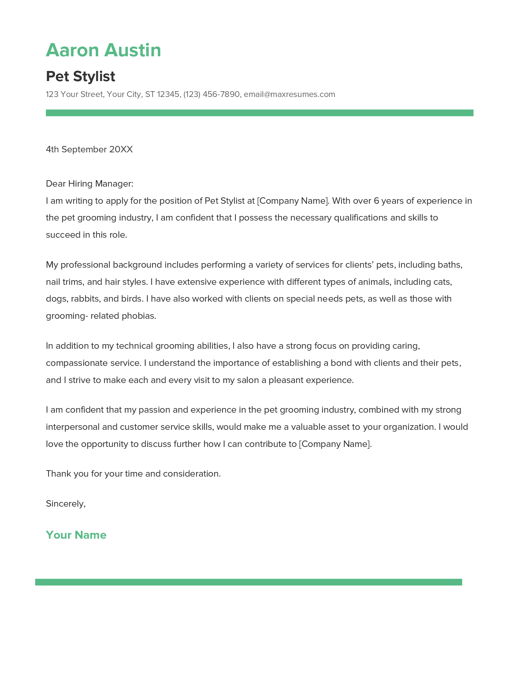 Pet Stylist Cover Letter Example
