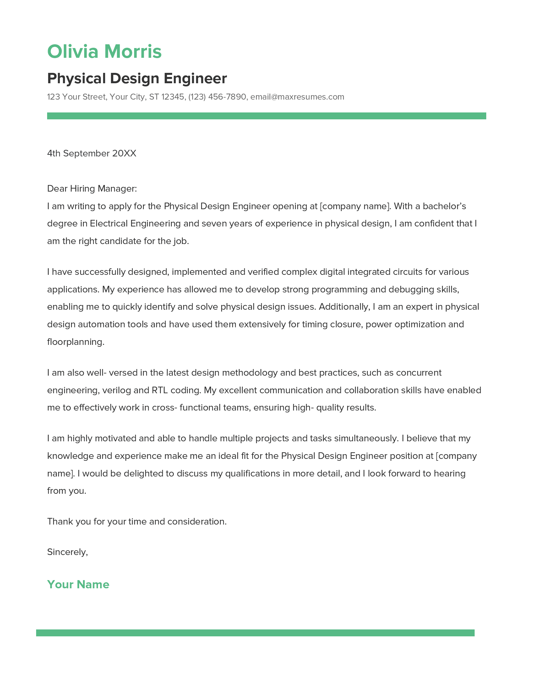 Physical Design Engineer Cover Letter Example