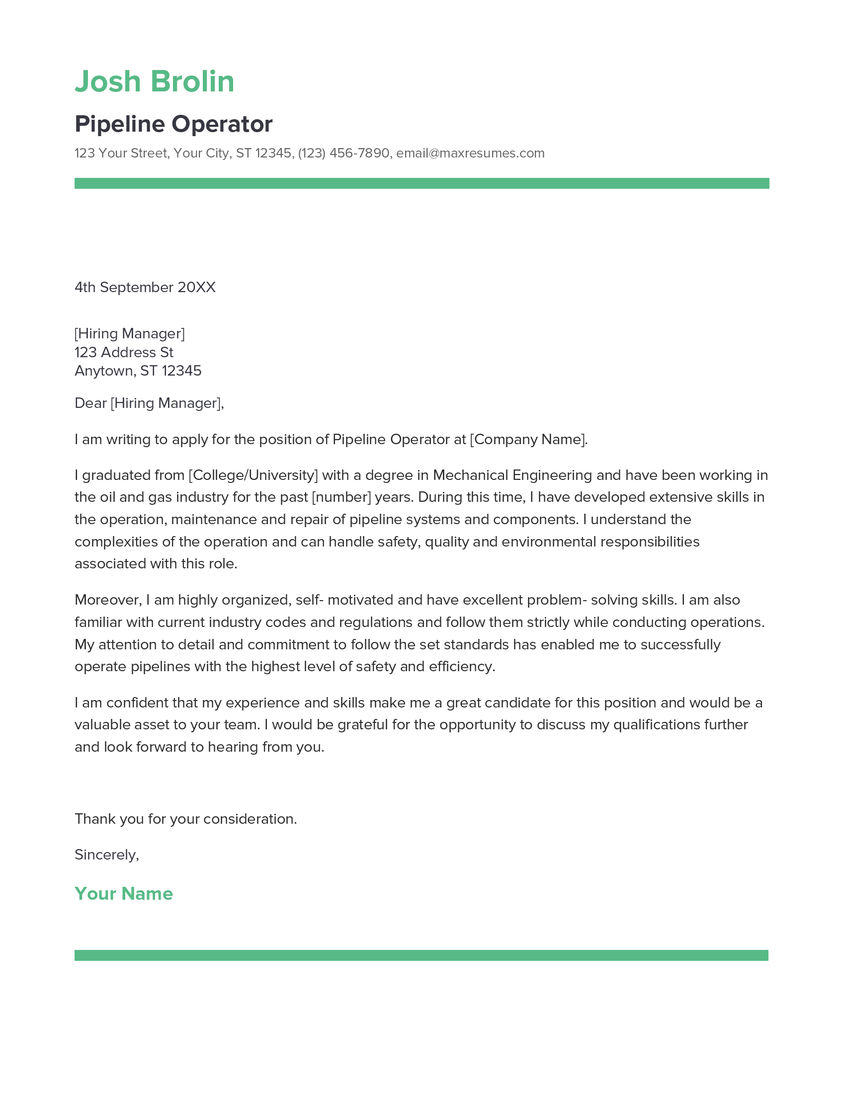 Pipeline Operator Cover Letter Example